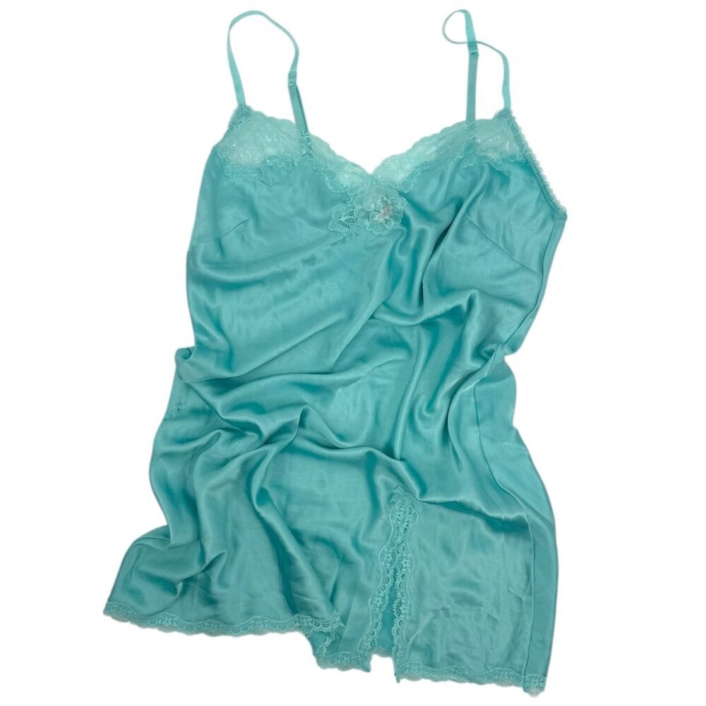Vintage Y2K Victorias Secret Turquoise Blue Lace Trim Slip Dress Satin Nightgown - Picture 7 of 11